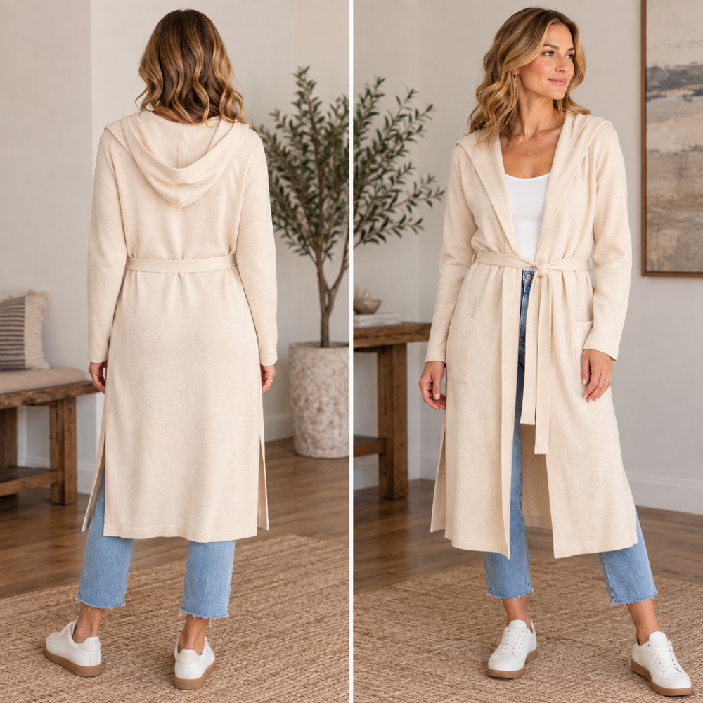 BB Dakota Womens Duster Coatigan Jacket XS Cream Long Cardigan Hooded Knit Chic